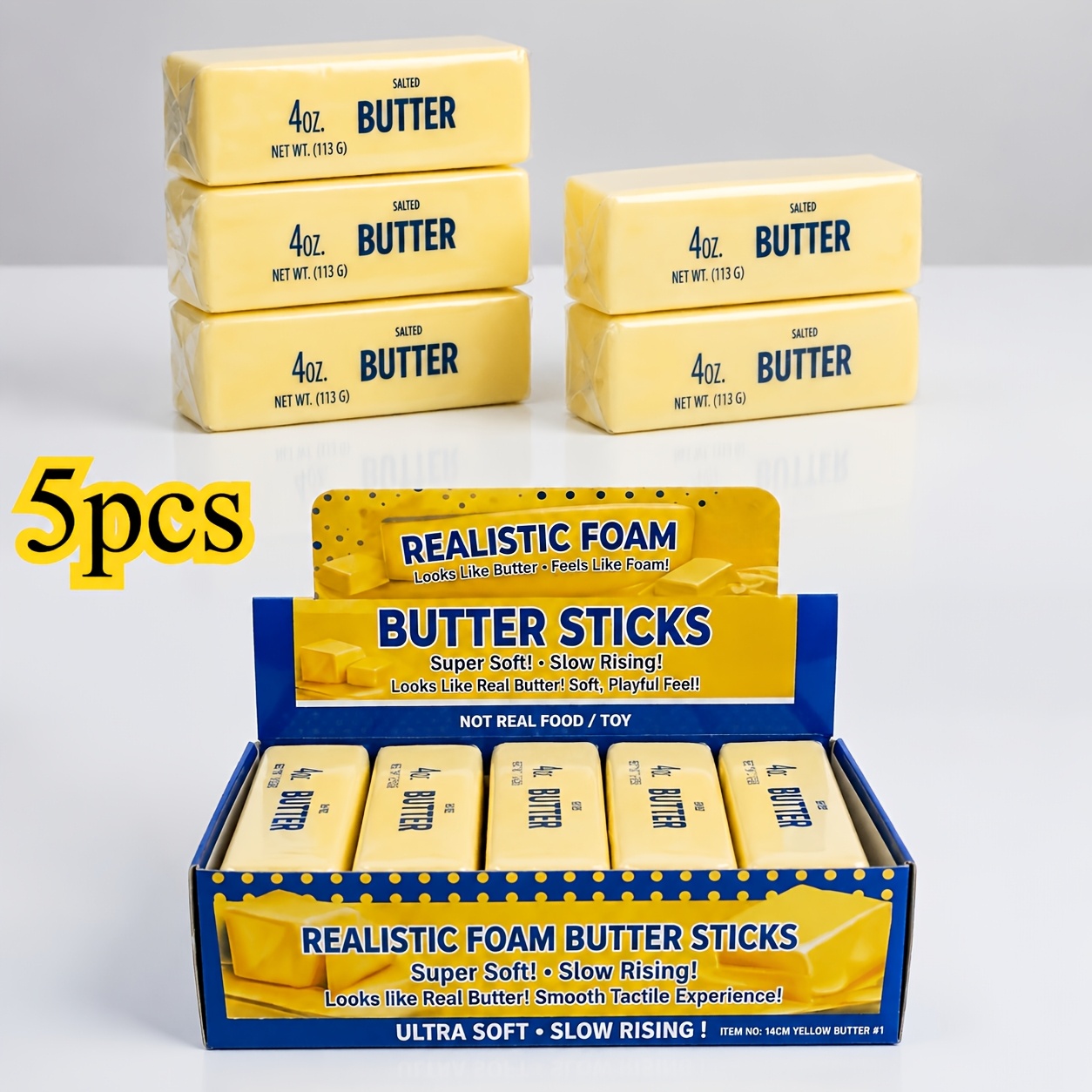 41d1326a-de30-468c-bbb3-01e79c07c314.jpg 5-Pack Ultra-Slow-Rise Butter Stick Squeeze Toys, Soft Doughy Stress Relievers for Anxiety & Boredom, Cute Food-Themed Fidget for Desk, Travel & Gifting, Perfect Party Favor & Stocking Stuffer - Image 1